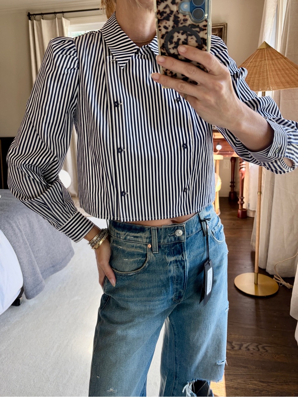HUNTER BELL Poplin top double breasted button navy/white XS like new
